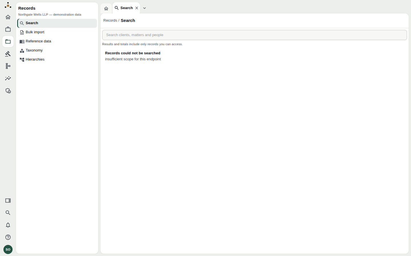 The Search screen for an administrator, showing the message Records could not be searched: insufficient scope for this endpoint.