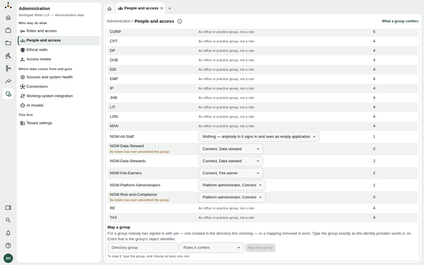 Directory groups table with a Confers dropdown for each mapped group, and the Map a group form.