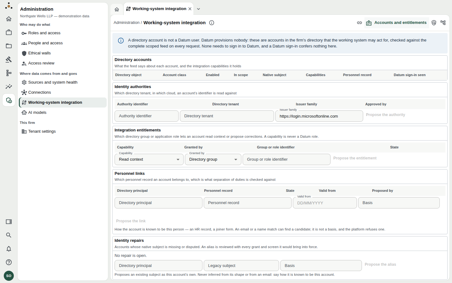 Accounts and entitlements tab: directory accounts, identity authorities, entitlements, personnel links and repairs.