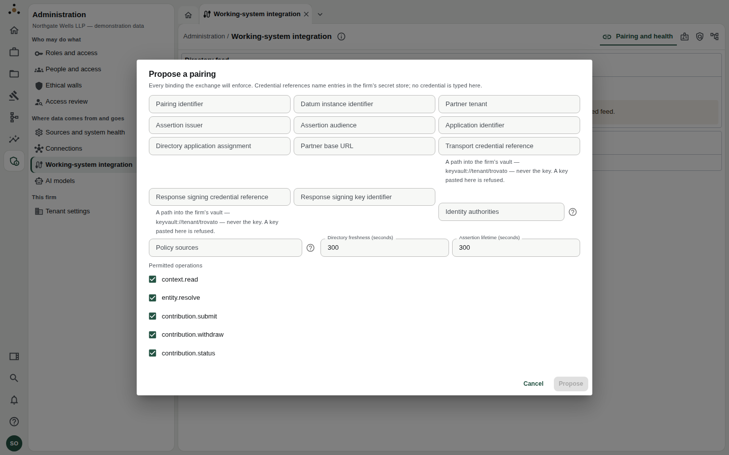The Propose a pairing dialog with identifiers, URLs, credential references and permitted operations.